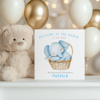 Personalised New Baby Boy Card Congratulations for Newborn Son, Grandson, Nephew, Welcome To The World Card - Elephant Design with Custom Date, Name and Message - Blue Envelope Included
