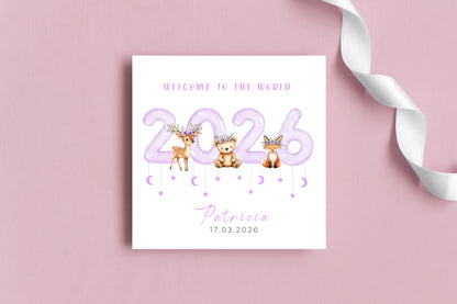 2026 Personalised New Baby Girl Card Congratulations for Newborn Daughter, Granddaughter, Niece, Welcome To The World Card  - Woodland Animals Design with Custom Name and Date with Purple Envelope