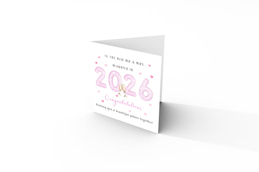 2026 New Mr & Mrs Wedding Card – Pink 2026 Champagne Toast Design – Congratulations Card for Newlyweds – Pink Envelope Included