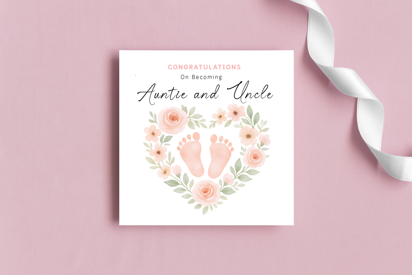Personalised New Baby Girl Card – Congratulations On Becoming Mum, Dad, Brother, Sister or Grandparents – Custom Recipient Names Card for New Role – Pink Floral Baby Feet design with Pink Envelope