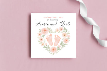 Personalised New Baby Girl Card – Congratulations On Becoming Mum, Dad, Brother, Sister or Grandparents – Custom Recipient Names Card for New Role – Pink Floral Baby Feet design with Pink Envelope