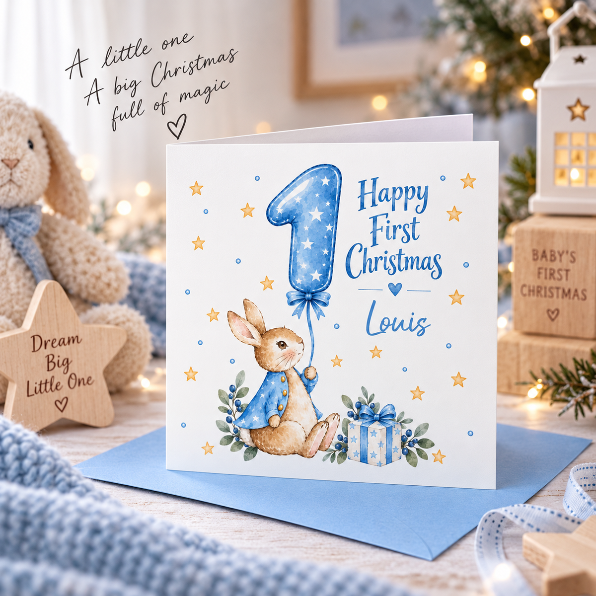 Personalised Baby Boy’s First Christmas Card – Blue Cute Bunny Design