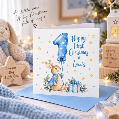 Personalised Baby Boy’s First Christmas Card – Blue Cute Bunny Design