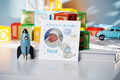 Personalised Photo New Baby Boy Card Congratulations for Newborn Boy, Welcome To The World Card for Son, Grandson, Nephew with Cutstom Photo Frame, Name, Birth Date & Weight with Blue Envelope