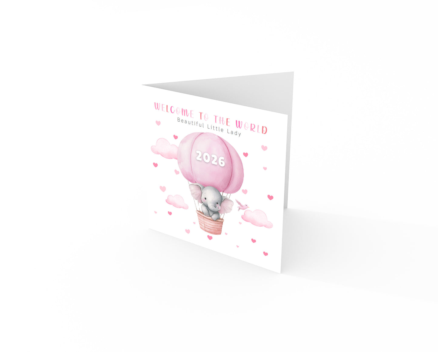 2026 New Baby Girl Card Congratulations for Newborn Daughter, Granddaughter, Niece, Little One - Welcome To The World Card with Elephant and Hot Air Balloon Design - Pink Envelope Included