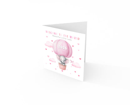 2026 New Baby Girl Card Congratulations for Newborn Daughter, Granddaughter, Niece, Little One - Welcome To The World Card with Elephant and Hot Air Balloon Design - Pink Envelope Included