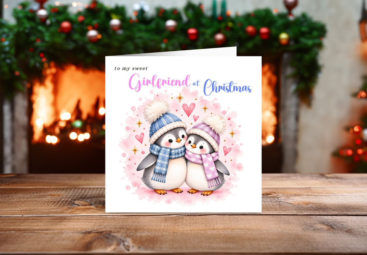 Merry Christmas Card for Girlfriend  – Cute Penguin Couple Christmas Card