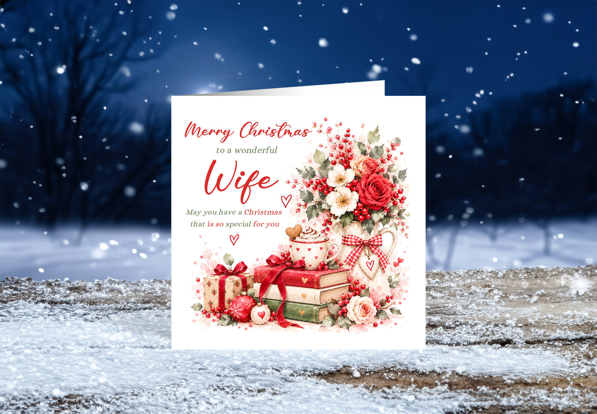 Christmas Card for Wife – Romantic Red Roses & Festive Floral Design
