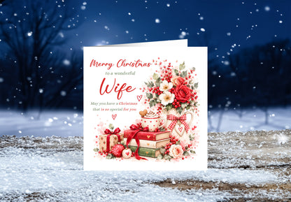 Christmas Card for Wife – Romantic Red Roses & Festive Floral Design