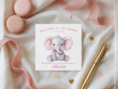 Personalised New Baby Girl Card Congratulations for Newborn Daughter, Granddaughter, Niece, Welcome To The World Card with Elephant Design with Custom Date, Message & Name with Pink Envelope