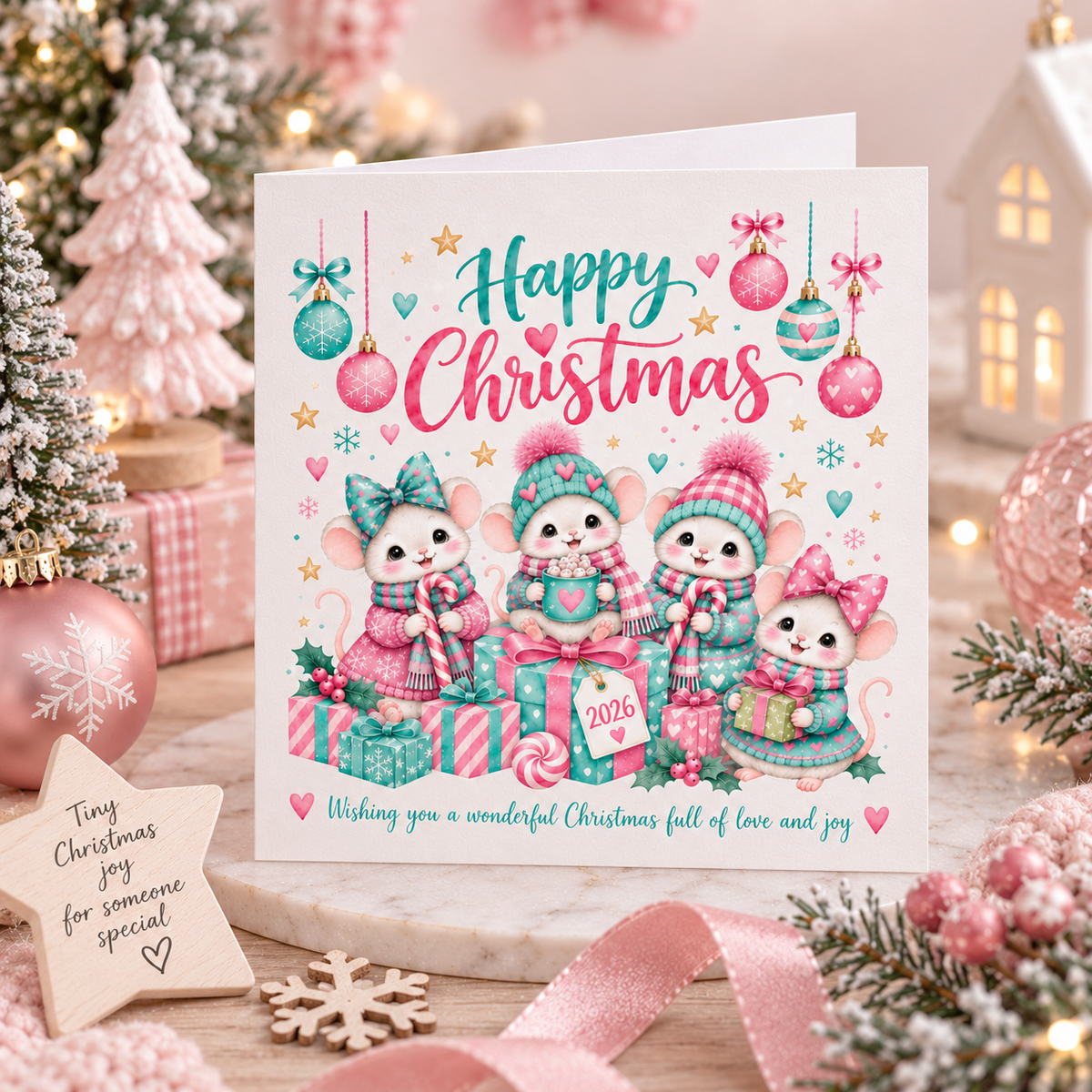 Cute Christmas Card for Girls – Christmas Mice with Pink & Mint Festive Design