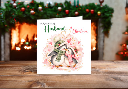 Merry Christmas Card for Husband  – Cute Penguin Couple Christmas Card