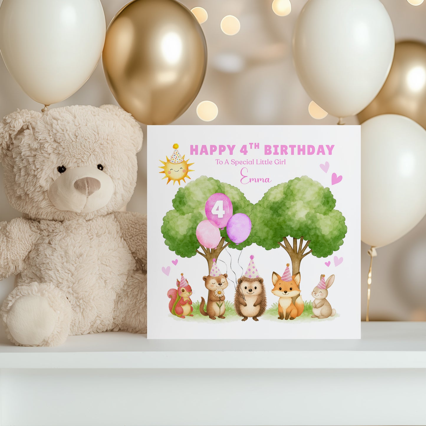 Personalised 4 Years Old 4th Birthday Card for Toddler Girls – Forest Animal Design with Custom Name & Message - Age 4 Woodland Birthday Card for Kids Daughter Granddaughter Niece with Pink Envelope