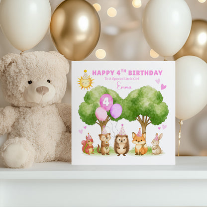 Personalised 4 Years Old 4th Birthday Card for Toddler Girls – Forest Animal Design with Custom Name & Message - Age 4 Woodland Birthday Card for Kids Daughter Granddaughter Niece with Pink Envelope