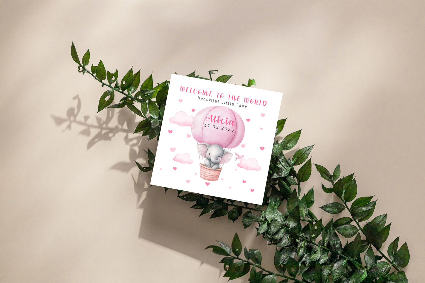 Personalised New Baby Girl Card Congratulations for Newborn Daughter, Granddaughter, Niece - Welcome To The World Card with Elephant and Hot Air Balloon Design - Custom Name & Date with Pink Envelope