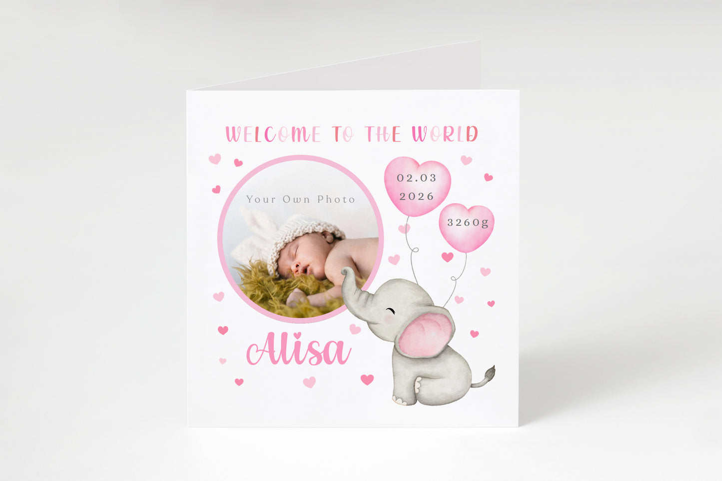 Personalised Phoro New Baby Girl Card Congratulations for Newborn Daughter, Granddaughter, Niece - Welcome To The World Card - Custom Photo Frame with Name, Birth Date & Weight with Pink Envelope