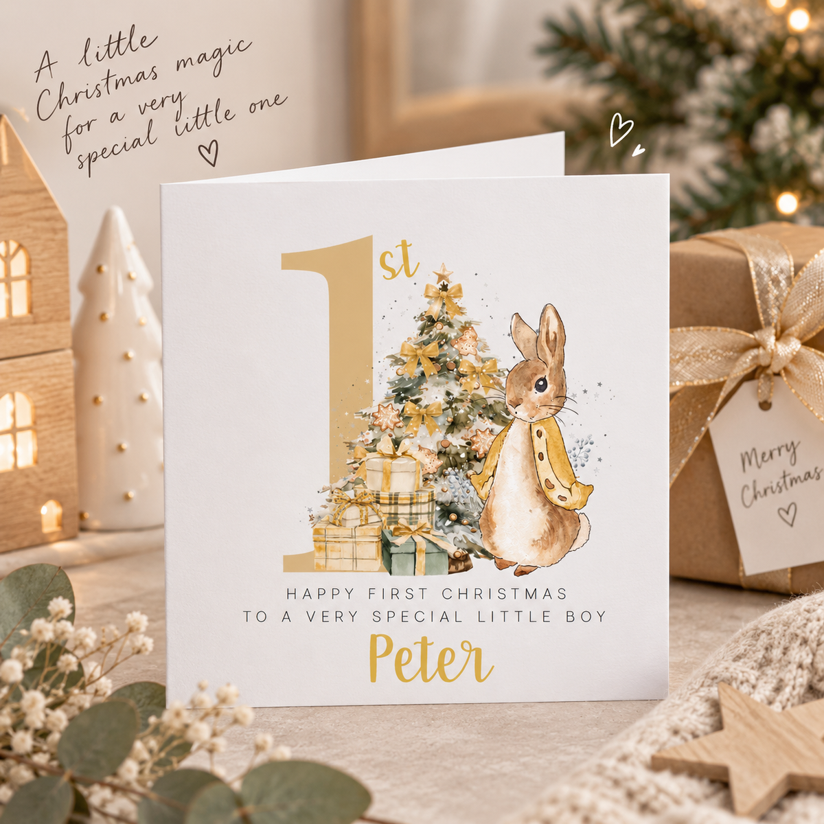 Personalised 1st Christmas Card for Baby Boy or Baby Girl – Golden Rabbit and Christmas Trees