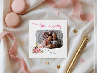 Personalised Photo Anniversary Card - Elegant Floral and Champagne Design - Custom Message, Name & Photo for Wedding, Relationship, Him, Her, Wife, Husband, Partner, Couple - Pink Envelope Included