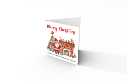 Cute Santa Christmas Greeting Card – Watercolour Festive Fireplace Design