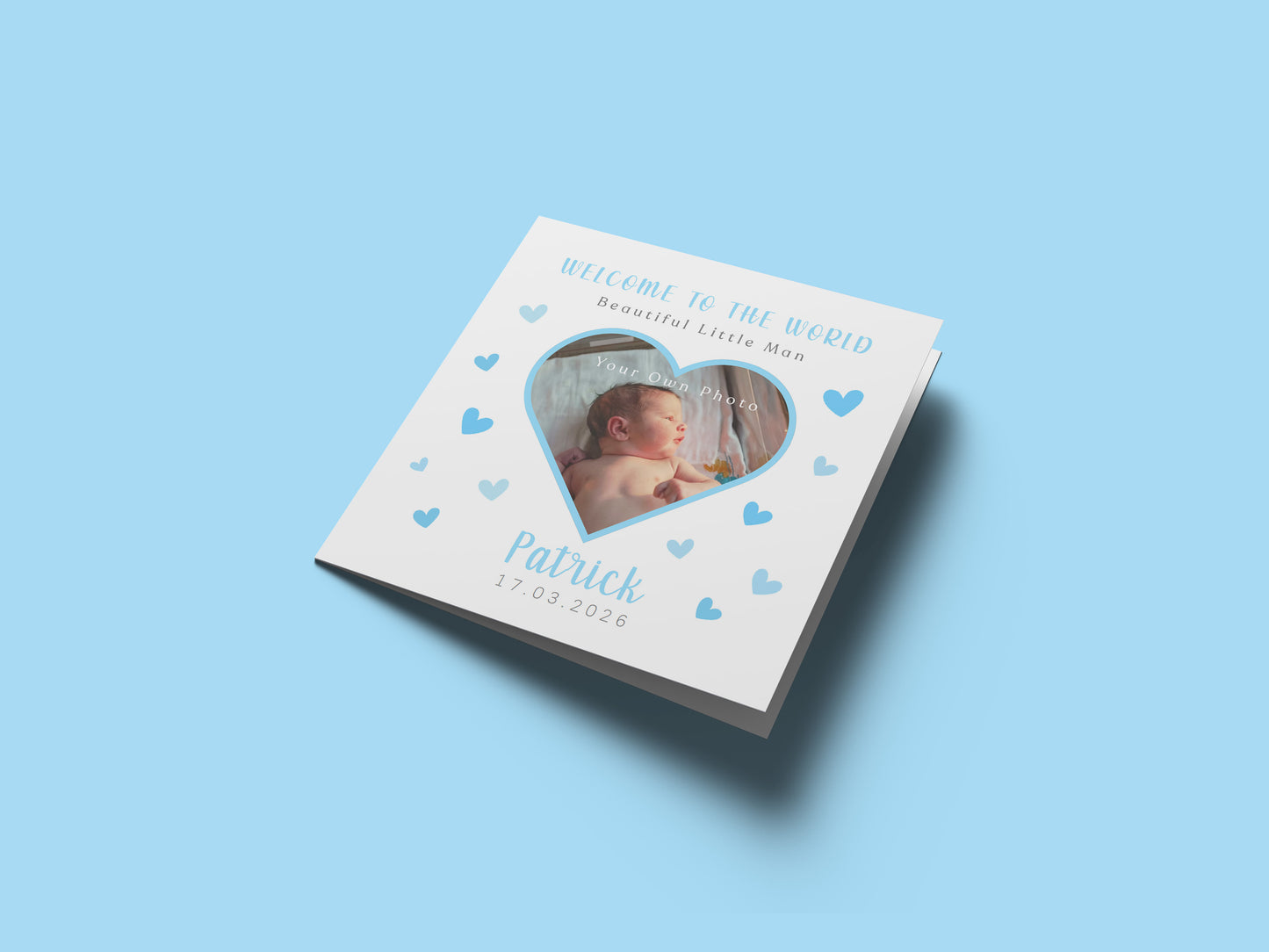 Personalised Photo New Baby Boy Card Congratulations for Newborn Boy, Welcome To The World Card, Baby Shower for Son, Grandson, Nephew, Heart Design with Custom Name, Date and Photo with Blue Envelope