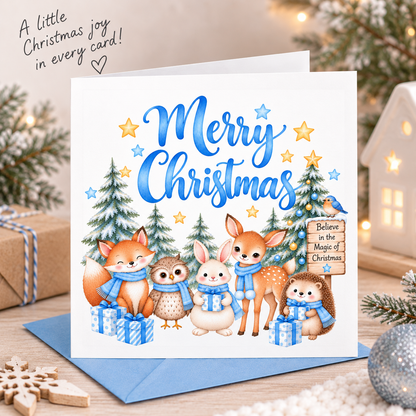 Blue Forest Christmas Card for Boys – Cute Christmas Woodland Animals