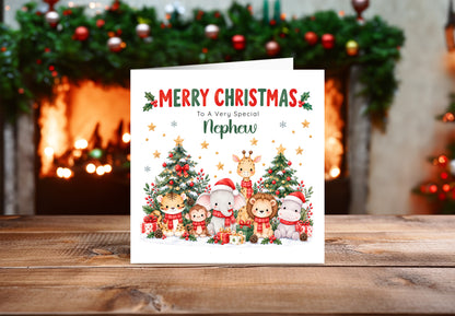 Jungle Animals Christmas Card for Nephew - Cute Safari Animals Design