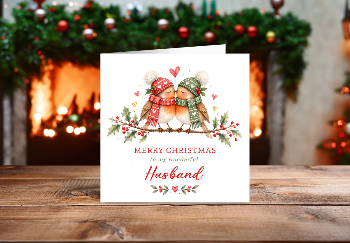 Cute Robin Couple Christmas Card for Husband – Merry Christmas My Wonderful Husband