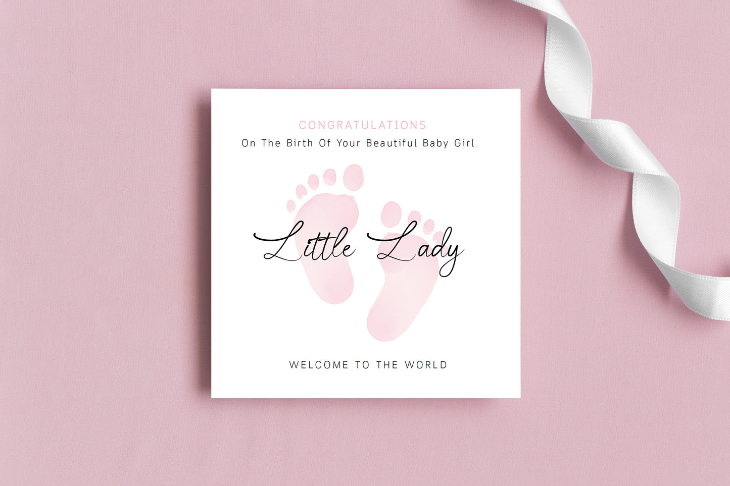 New Baby Girl Card Congratulations for Newborn Girl, Welcome To The World Card, Baby Shower for Daughter, Granddaughter, Niece, Little One - Baby Feet Design - Pink Envelope Included