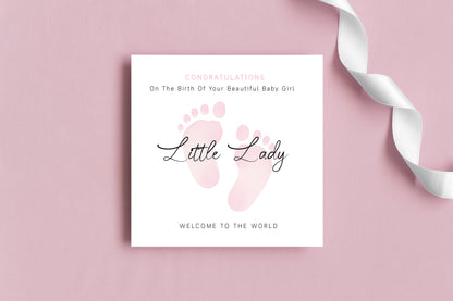 New Baby Girl Card Congratulations for Newborn Girl, Welcome To The World Card, Baby Shower for Daughter, Granddaughter, Niece, Little One - Baby Feet Design - Pink Envelope Included