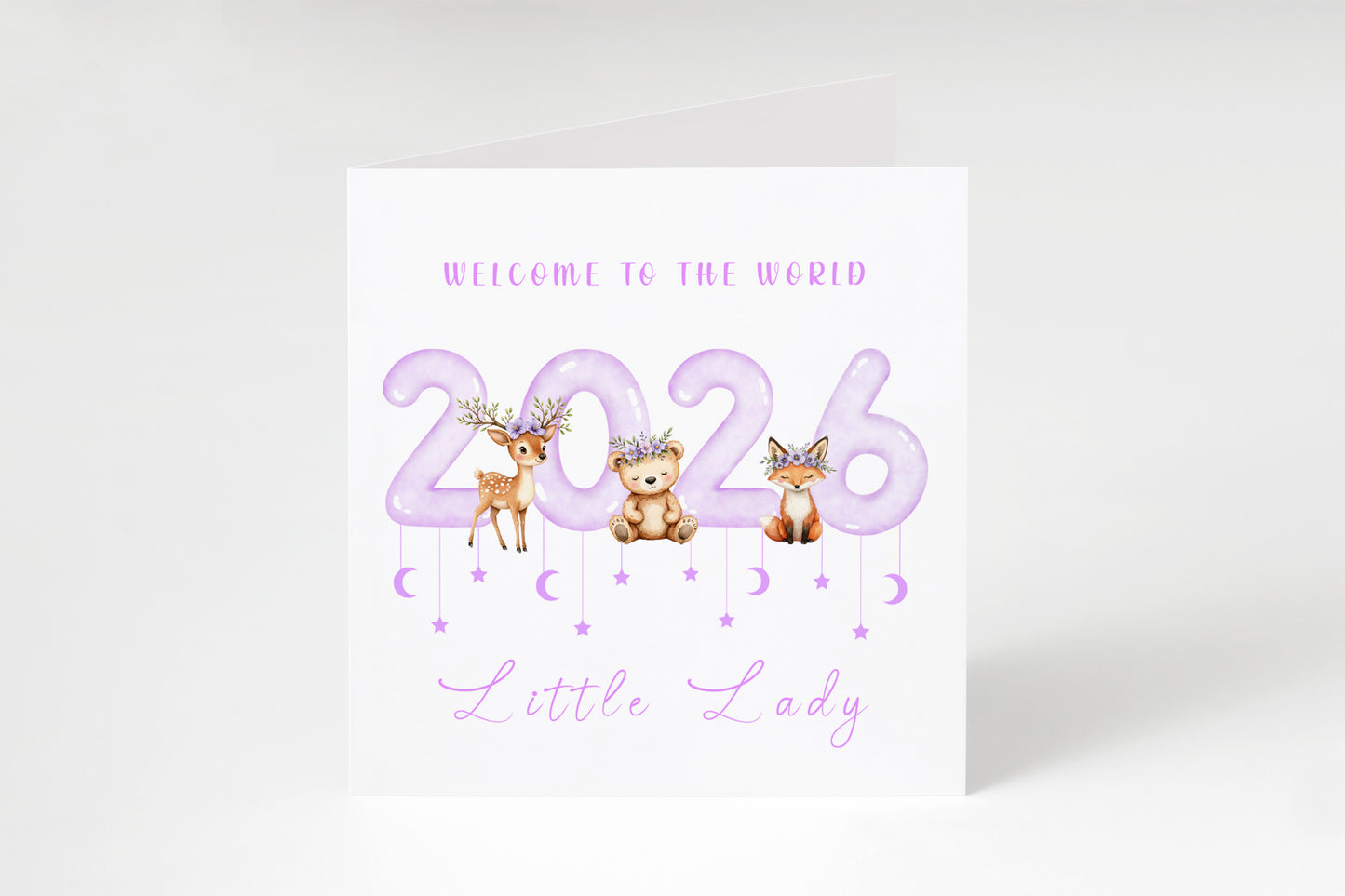 2026 New Baby Girl Card Congratulations for Newborn Daughter, Granddaughter, Niece, Welcome To The World, Baby Shower Card  - Cute Woodland Animals Design - Purple Envelope Included