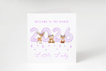 2026 New Baby Girl Card Congratulations for Newborn Daughter, Granddaughter, Niece, Welcome To The World, Baby Shower Card  - Cute Woodland Animals Design - Purple Envelope Included