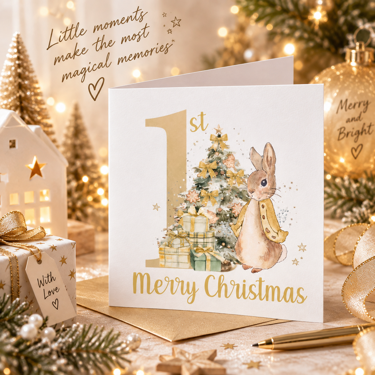 Happy 1st Christmas Card for Baby Boy or Baby Girl – Golden Rabbit and Christmas Trees