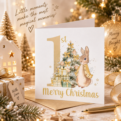 Happy 1st Christmas Card for Baby Boy or Baby Girl – Golden Rabbit and Christmas Trees