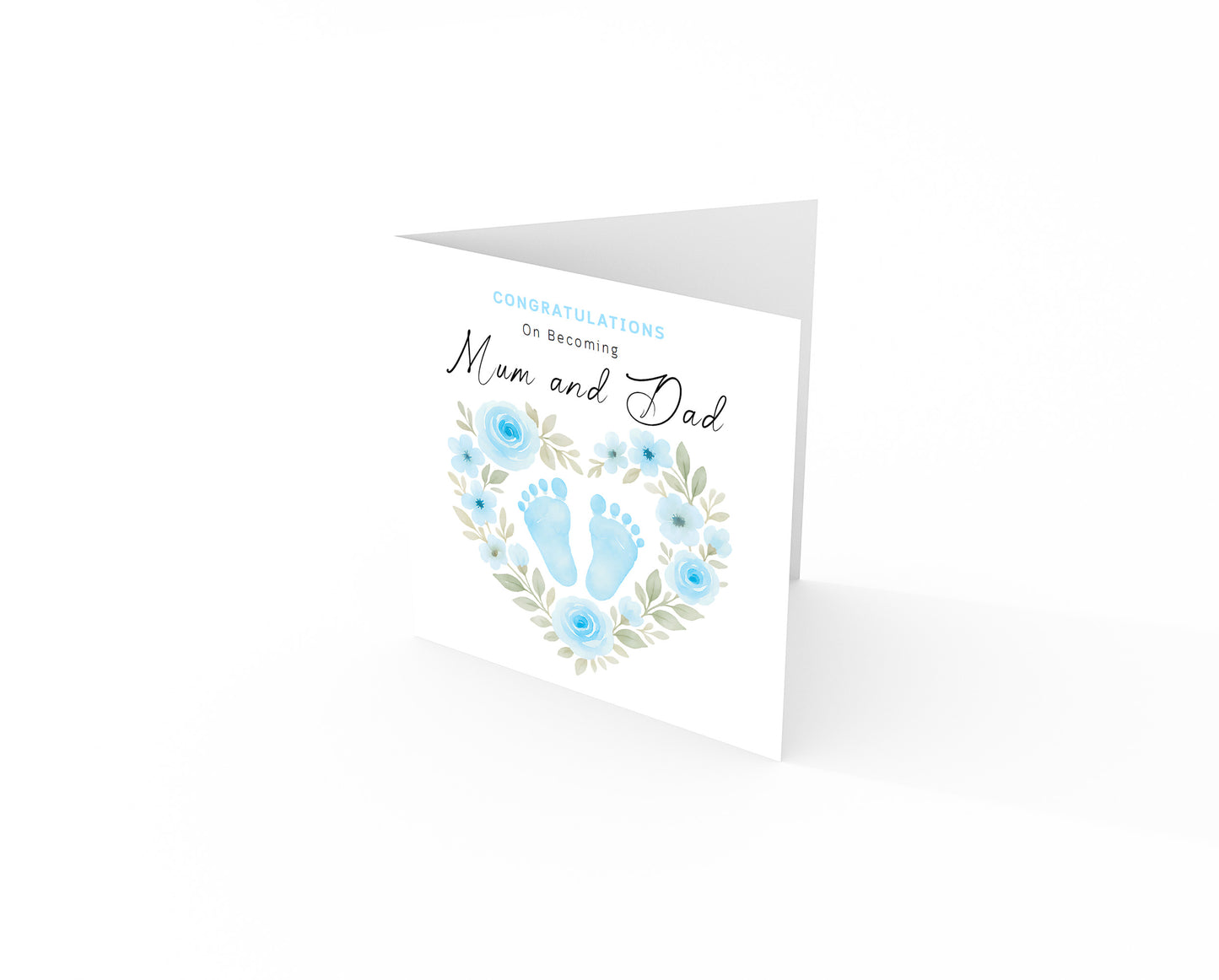 Personalised New Baby Boy Card – Congratulations On Becoming Mum & Dad, Auntie & Uncle, Grandpa & Grandma – Blue Baby Feet design - Blue Envelope Included