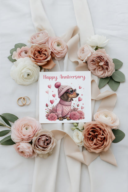 Pink Dachshund Anniversary Card - Cute Sausage Dog Design for Wedding, Dating, Relationship Milestones –1st, 2nd, 3rd, 5th, 10th, 20th - For Dog Lovers, Him, Her, Wife, Husband, Couples