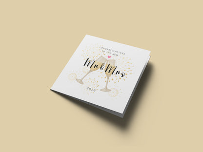 Mr & Mrs Wedding Card with Champagne Toast Design - Elegant Wedding Congratulations Card for Newlywed couples, Him or Her - Kraft Envelope Included