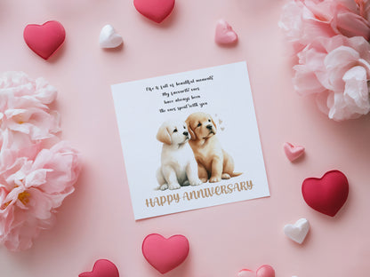 Cute Puppy Dogs Anniversary Card - Romantic Dog Lover Anniversary Card for Wedding, Dating, Relationship Milestones 1st, 2nd, 5th, 10th - For Him, Her, Wife, Husband, Couples - Kraft Envelope Included