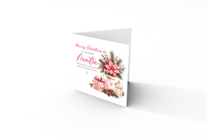 Christmas Card for Auntie – Pink Poinsettia & Festive Floral Design