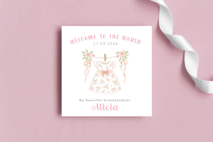 Personalised New Baby Girl Card Congratulations for Newborn Daughter, Granddaughter, Niece - Welcome To The World Card with Floral Dress Design - Custom Date, Message & Name with Pink Envelope