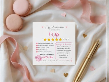 Funny Anniversary Card for Her - 5 Star Review Anniversary Card for Wife, Wedding, Dating, Relationship Milestones 1st, 2nd, 3rd, 5th, 10th, 20th 30th - Pink Envelope Included