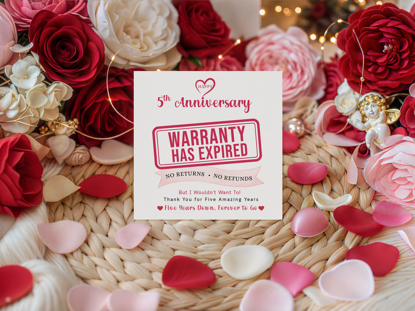 Funny 5th Anniversary Card- Warranty Has Expired - 5 Year Wedding Anniversary Card – No Returns No Refunds Joke Card for Wife, Husband, Her, Him, Relationship Milestones - Red Envelope Included