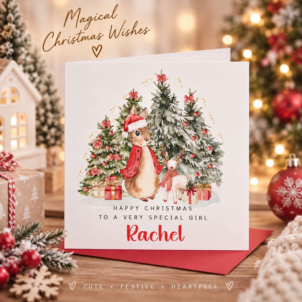 Personalised Christmas Card for Girls – Red Rabbit and Christmas Trees