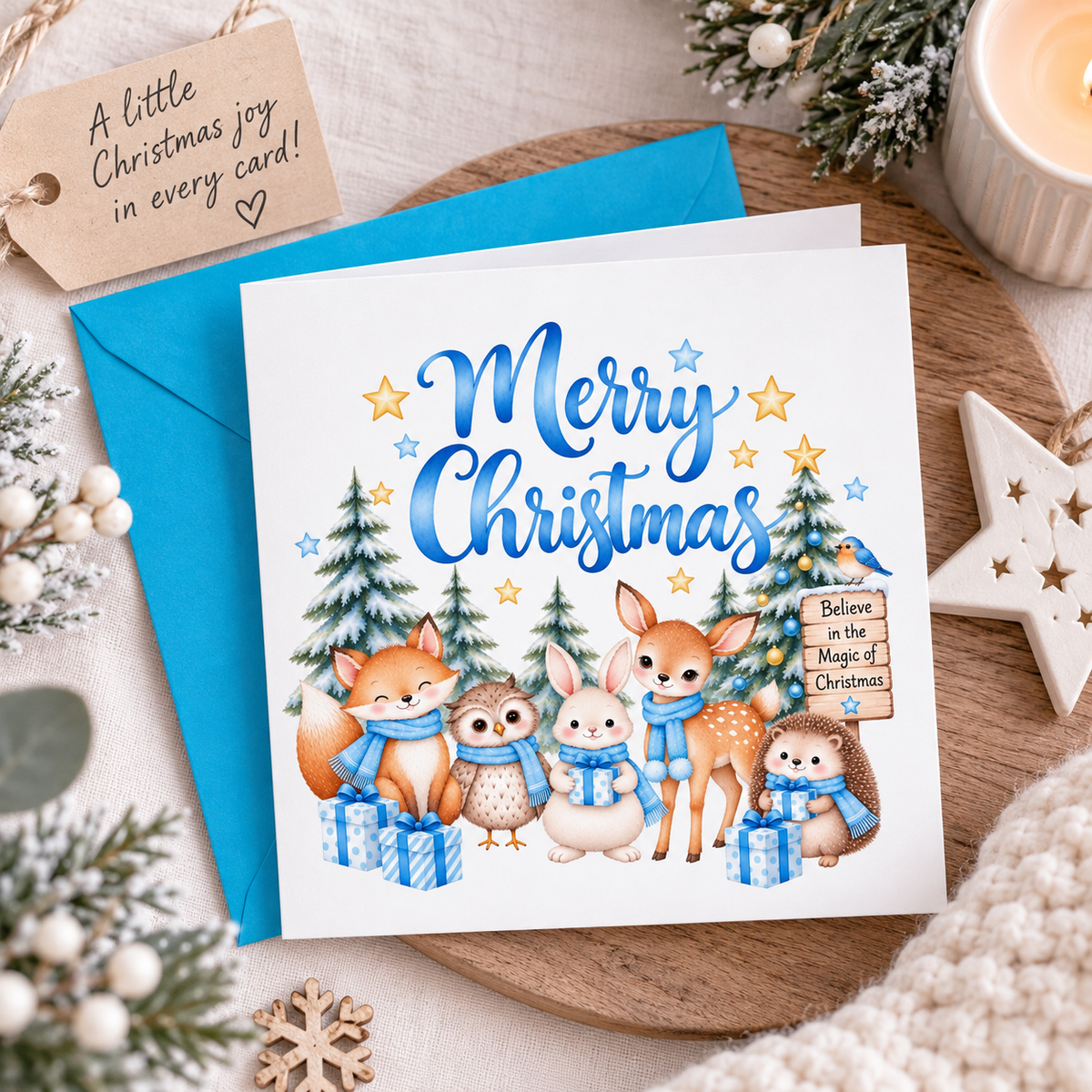 Blue Forest Christmas Card for Boys – Cute Christmas Woodland Animals