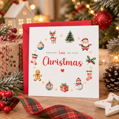 Christmas Card – Festive Red & Green Design with Santa, Reindeer & Christmas Tree