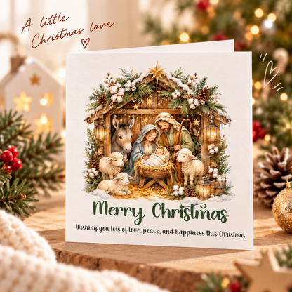 Nativity Christmas Card - Cute Sheep, Donkey, Baby Jesus Design - Elegant Religious Christmas Greeting Card