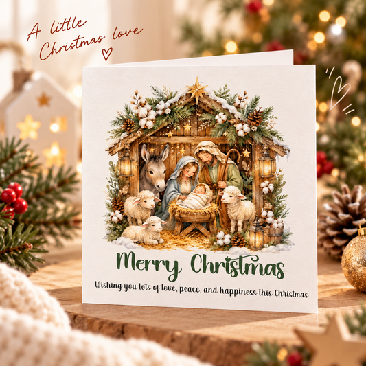 Nativity Christmas Card - Cute Sheep, Donkey, Baby Jesus Design - Elegant Religious Christmas Greeting Card