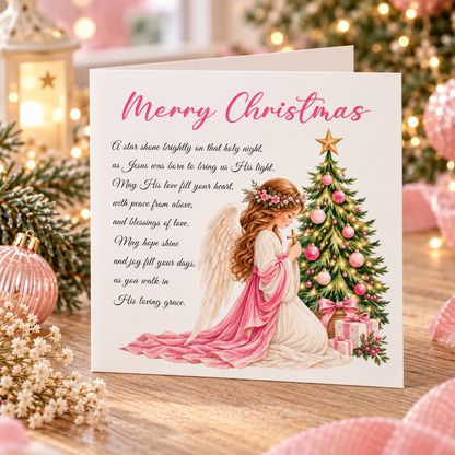 Angel & Christmas Tree Christian Christmas Card – Pink Watercolour Design