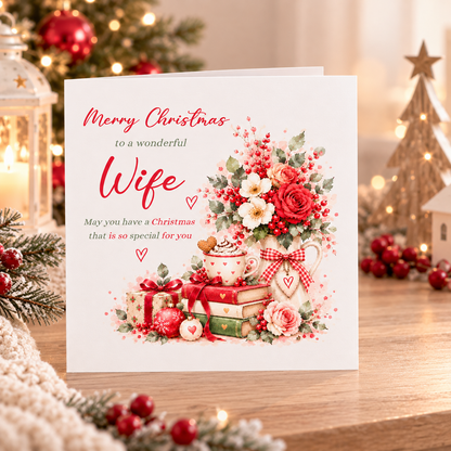 Christmas Card for Wife – Romantic Red Roses & Festive Floral Design