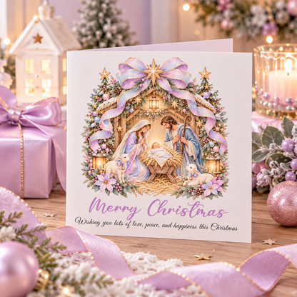Pastel Nativity Christmas Card – Lilac & Pink Baby Jesus Greeting