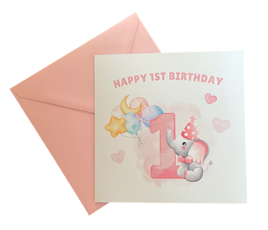 Cute Elephant Watercolour Effect 1 Year Birthday Folded Card for Baby Girls, Happy 1st One Year Old Birthday Card